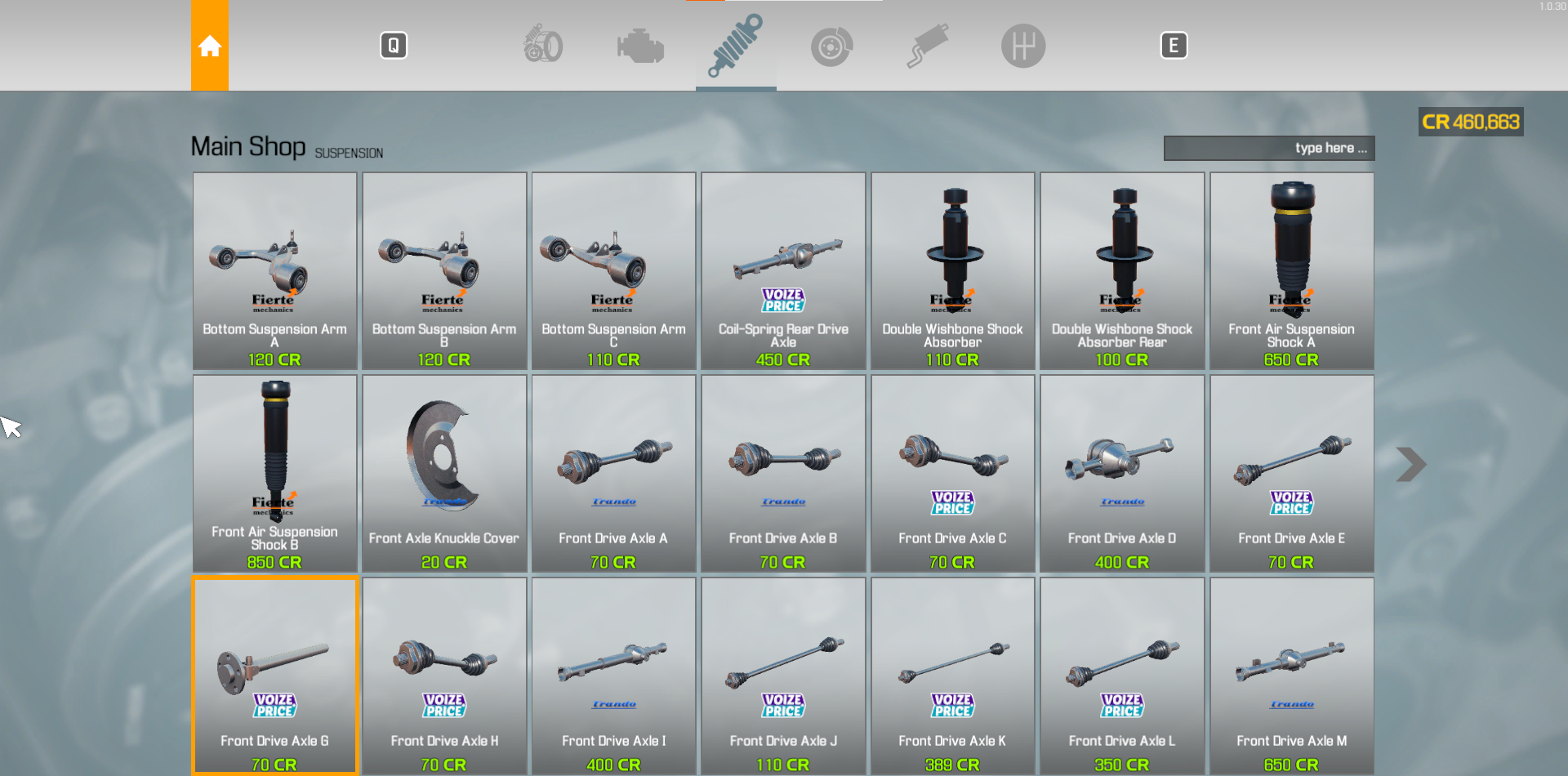 A screenshot of the Main Shop showing purchasable suspension parts in Car Mechanic Simulator. 