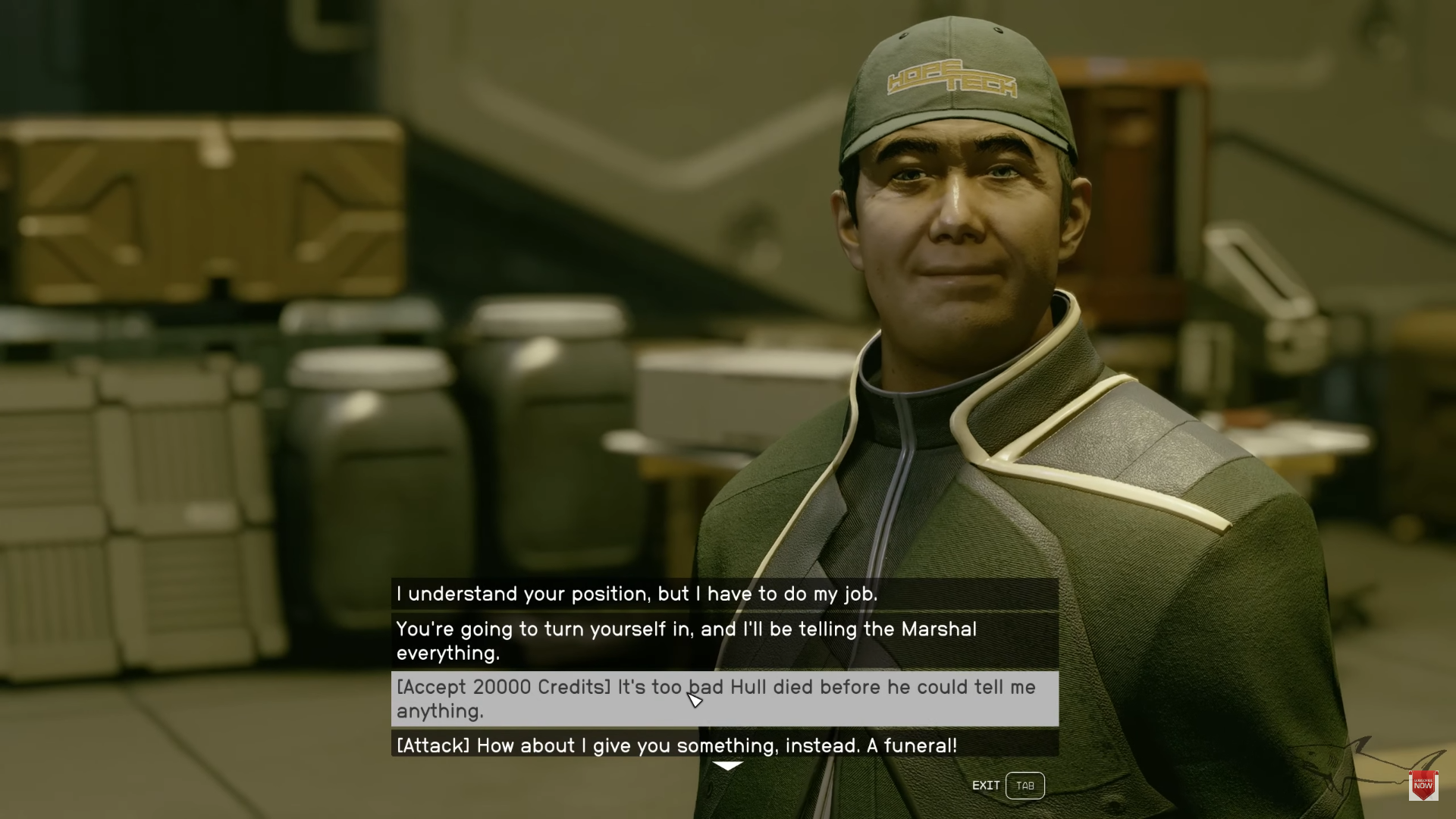 A screenshot of Ron Hope and deciding dialogue options that lead you to spare or kill Ron Hope. 