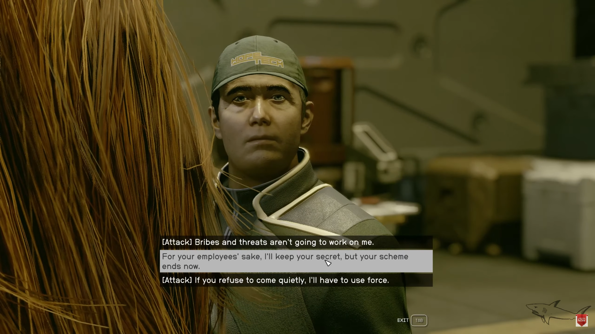 A screenshot of dialogue options you can select to kill Ron Hope in Starfield. 