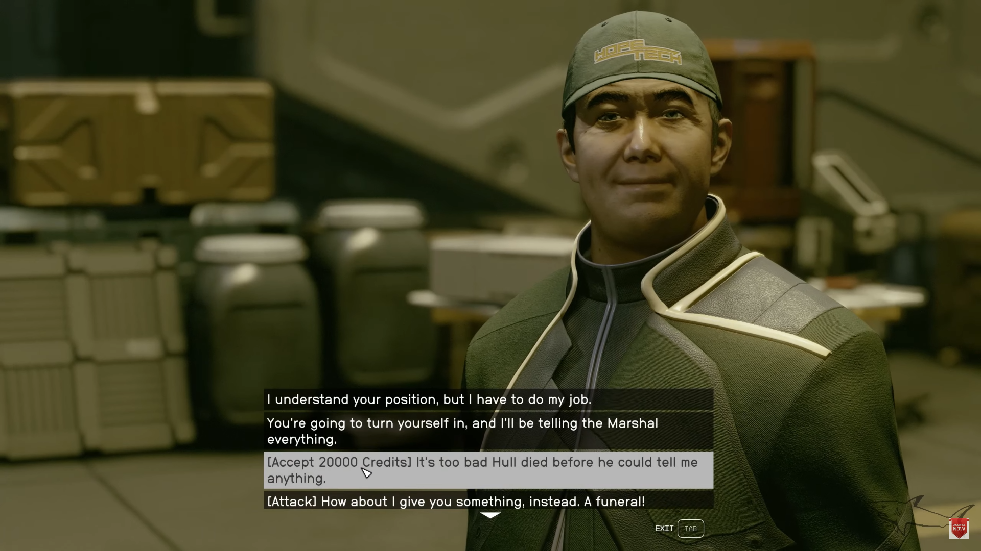A screenshot of the dialogue option that lets you accept Ron Hope's bribe in Starfield. 