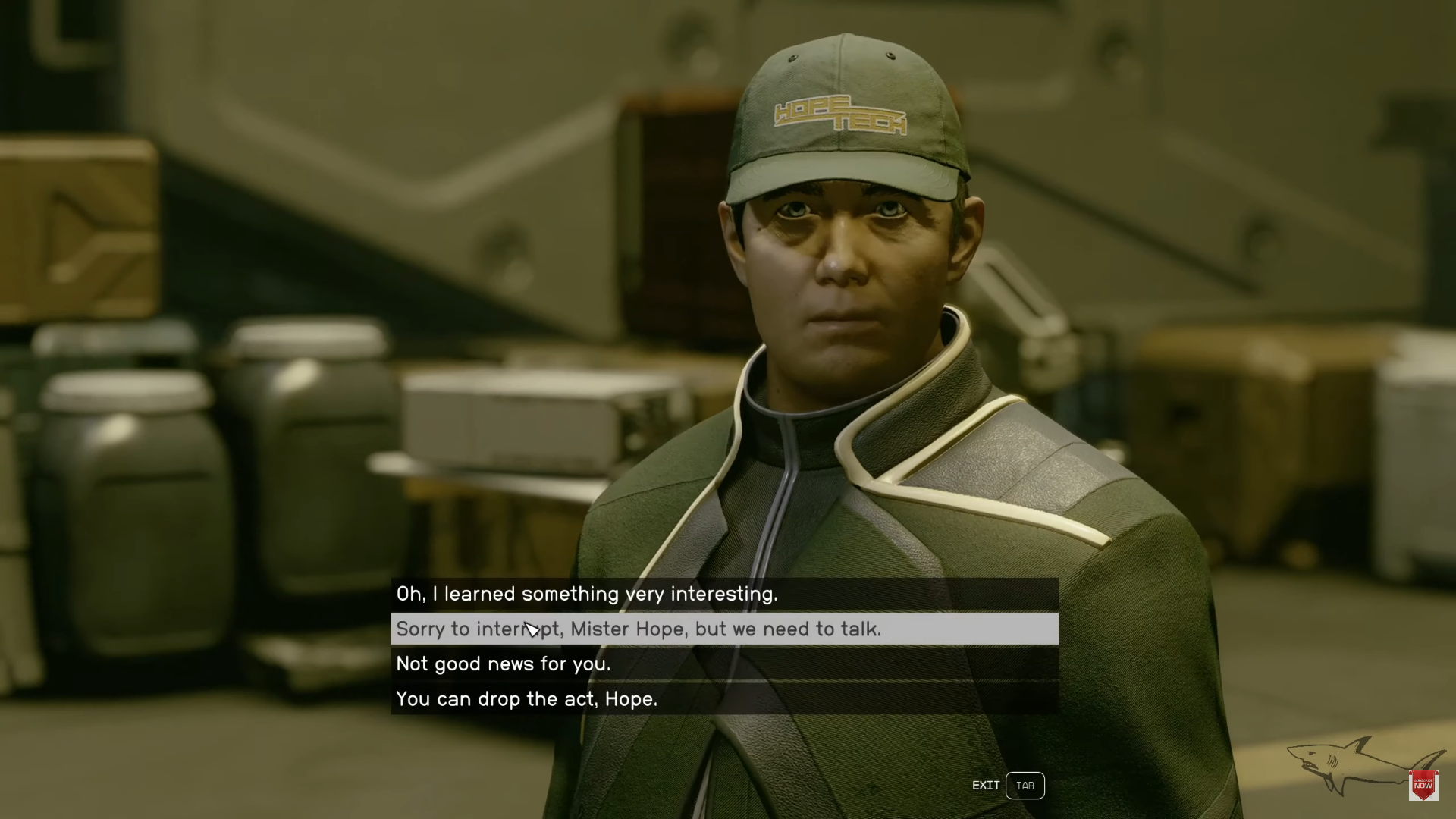 A screenshot of Ron Hope and four dialogue options in Starfield. 