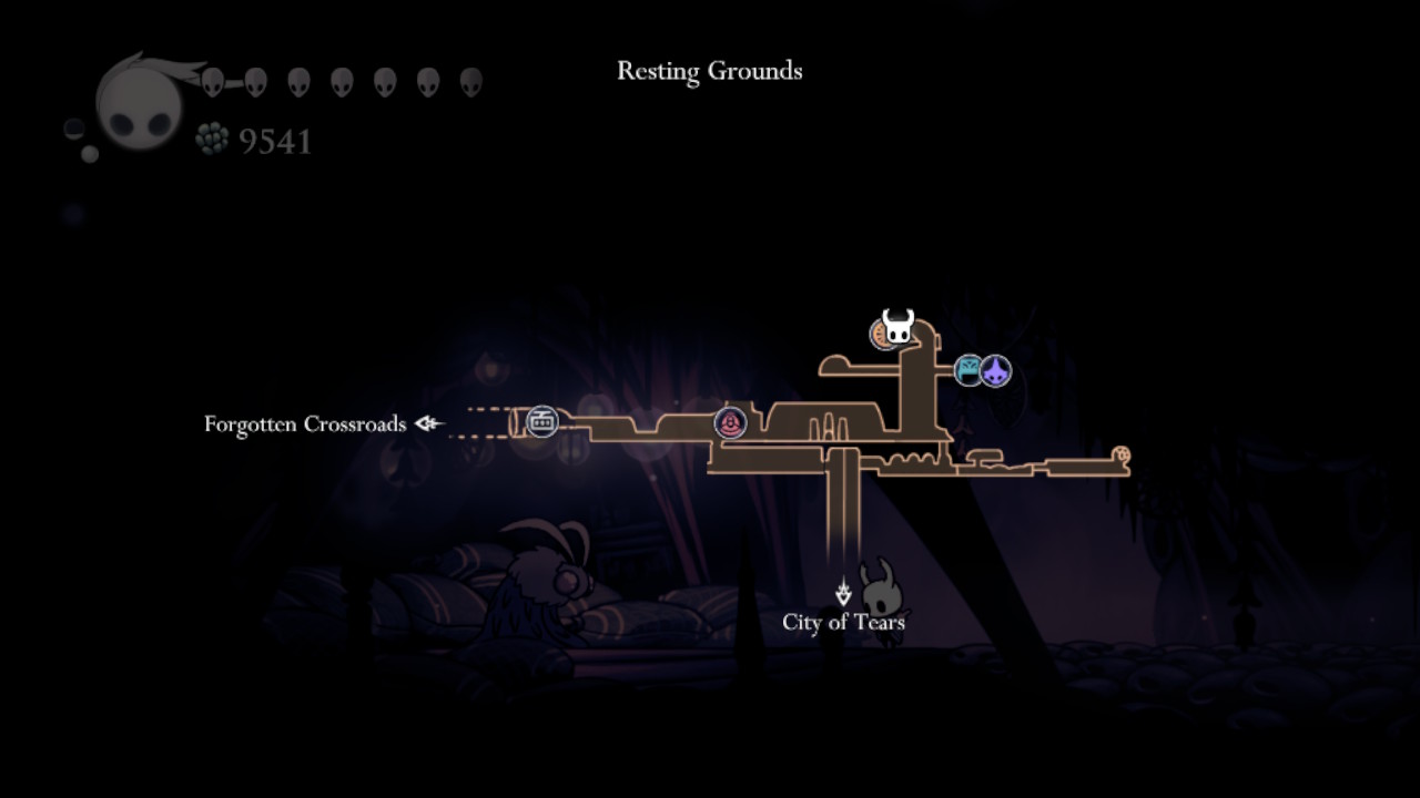 A screenshot of the Hollow Knight map with the Resting Grounds pinned