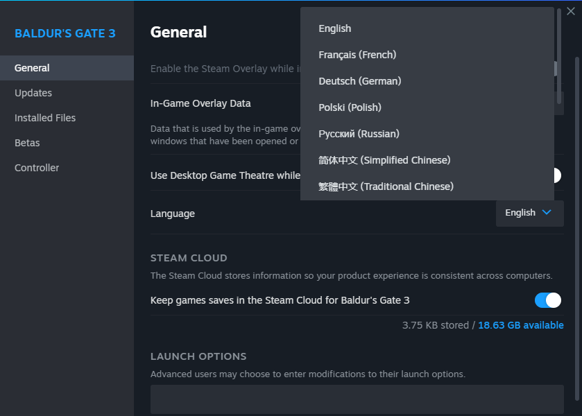 Choose from a variety of languages for Baldur's Gate 3. 