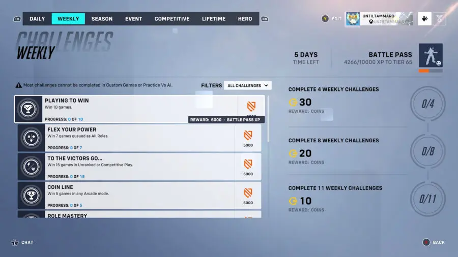 A screenshot of the weekly challenges menu in Overwatch 2