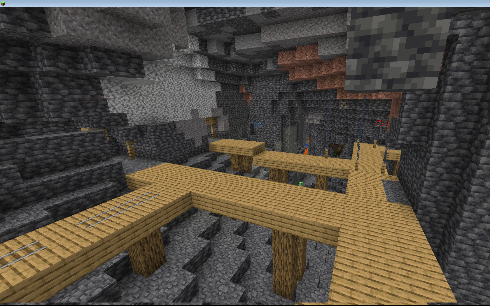 A screenshot showing an Abandoned Mineshaft in Minecraft
