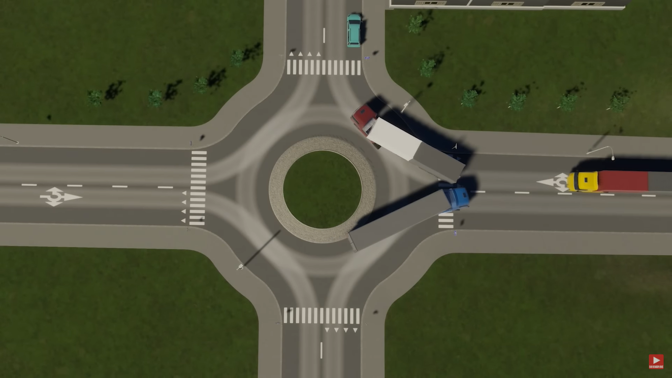 A bird's-eye view image of a roundabout road.
