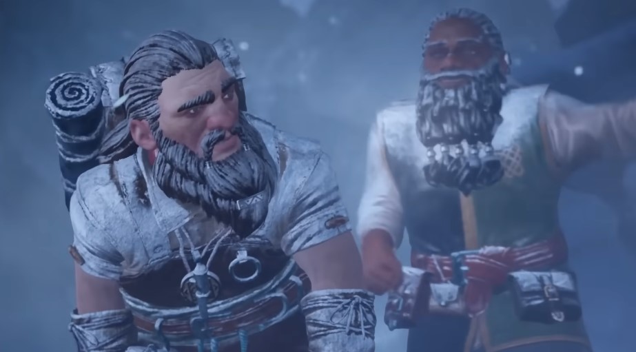 A screenshot of two dwarves in the snow in Lord of the Rings: Return to Moria