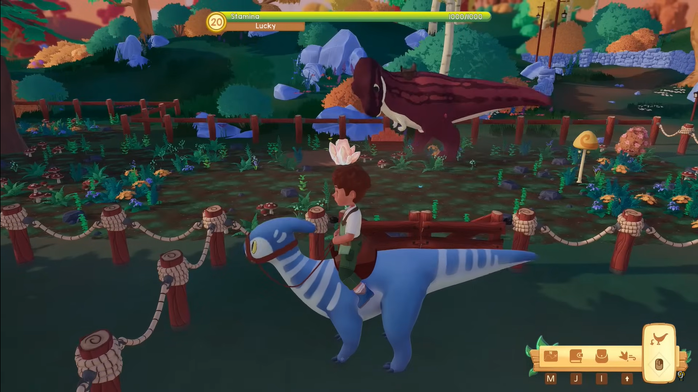 An image of the player riding a parasaurolophus with a large dinosaur in the background.