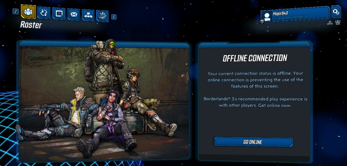 Borderlands 3's Roster menu accessible via the Social Section.