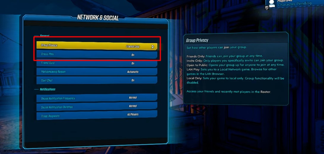 Change your Group Privacy and Cross-Play settings here. 