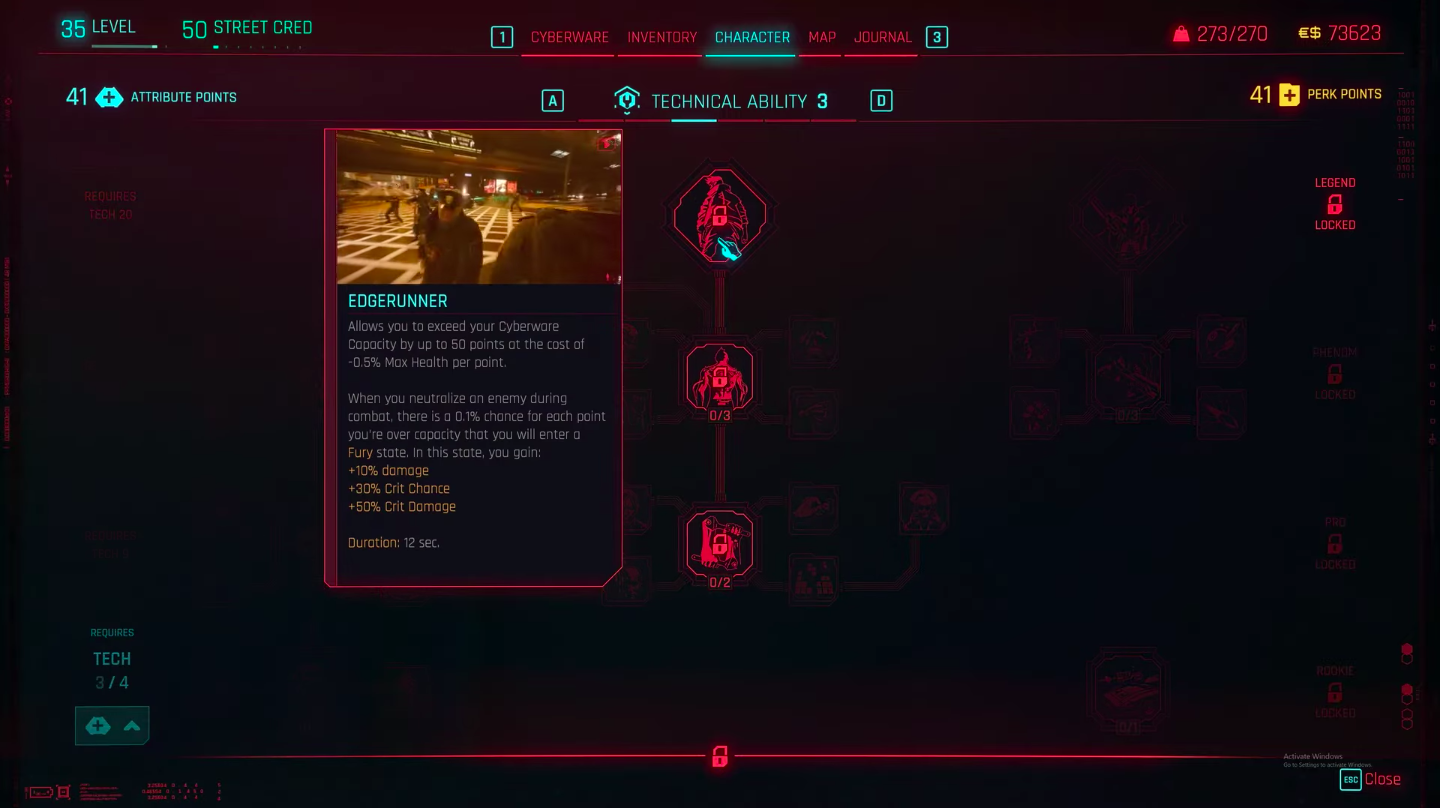 A screen capture of the Edgerunner perk in the Technical Ability tree