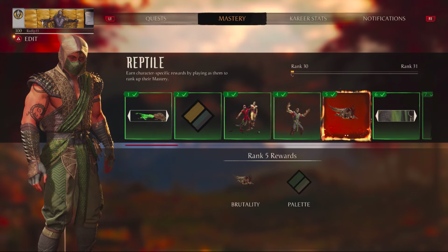 a screen capture of Reptile's Mastery Rank Rewards in Mortal Kombat 1