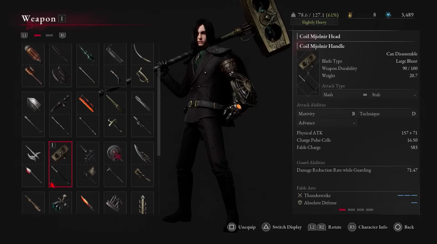 A screen capture of P's weapons in Lies of P.
