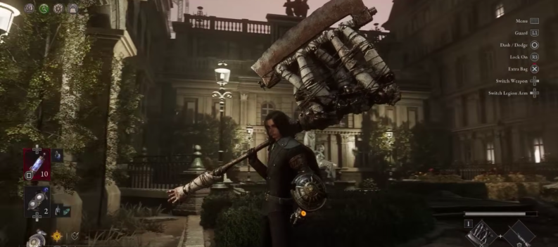 A screen capture of P wielding a huge weapon in Lies of P.