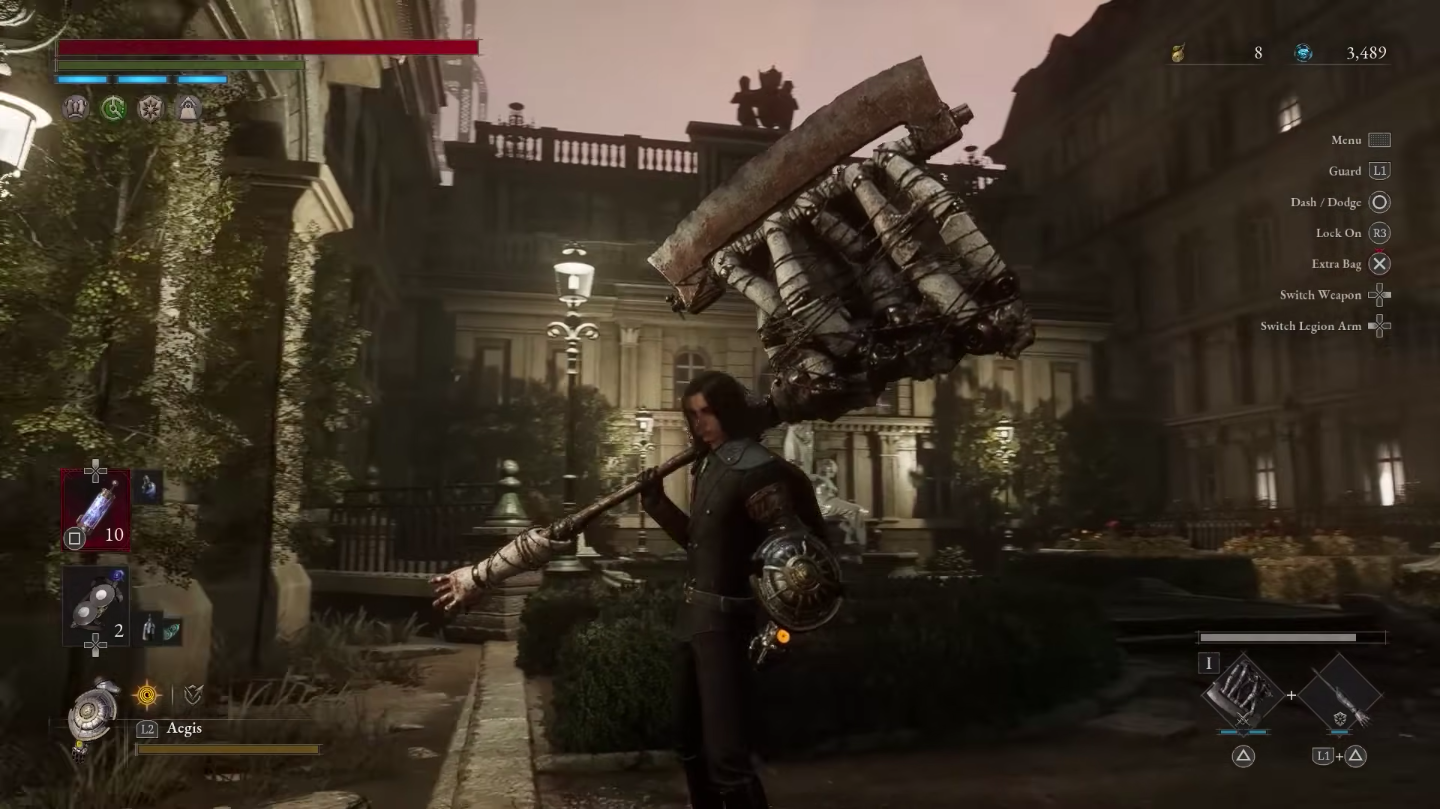 A screen capture of P wielding a huge weapon in Lies of P.