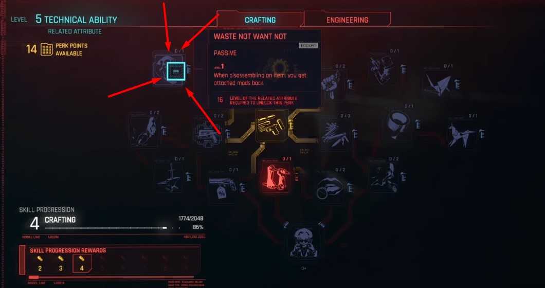Location of the Waste Not What Not Perk in the Technical Ability section for Character in Cyberpunk 2077
