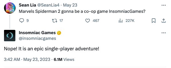 A screen capture of Insomniac Games' Twitter account confirming that Marvel's Spider-Man 2 is a single-player adventure.