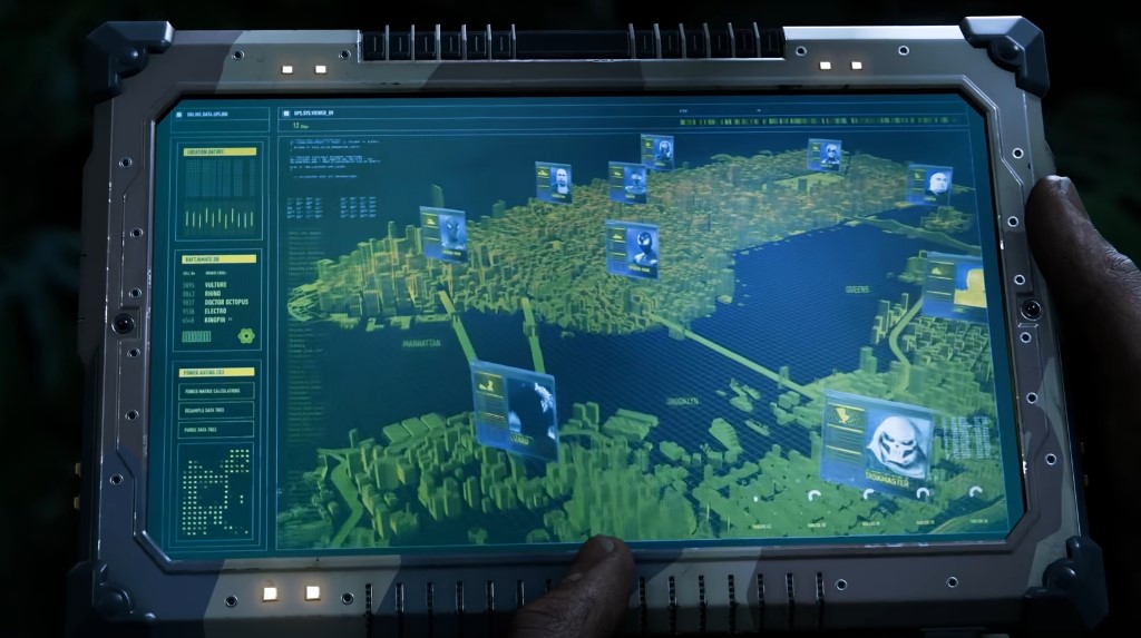 A screenshot of Kraven's tablet from Spider-Man 2 teasing the possible returning villains.