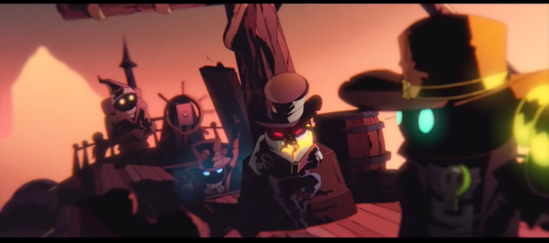 An image of a cutscene showing four gun-wielding wizards on a ship.