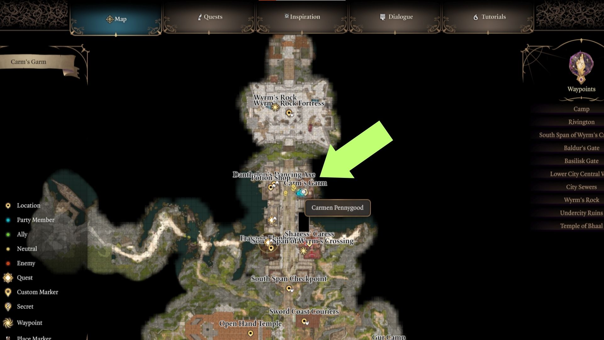 A screenshot of Carm's Garm's map location in Baldur's Gate 3. 