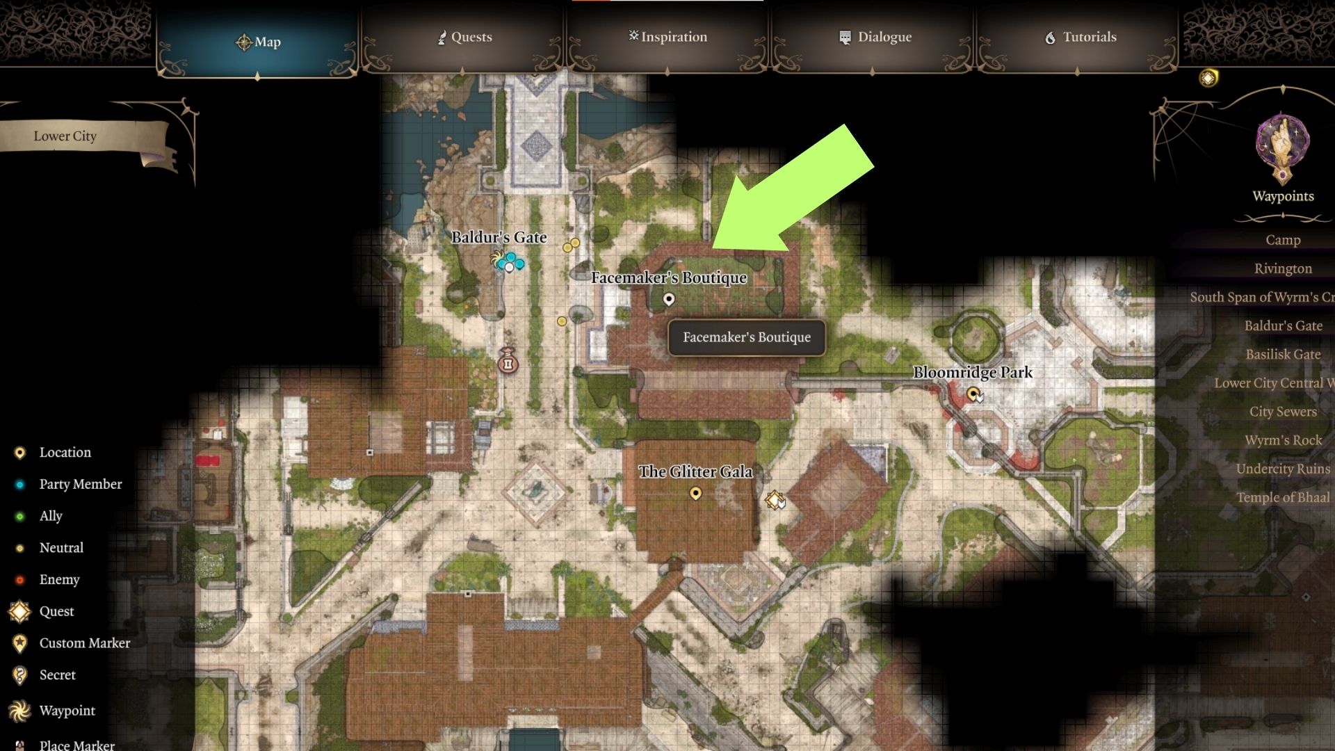 A screenshot of Facemaker Boutique's location on the map in Baldur's Gate 3. 
