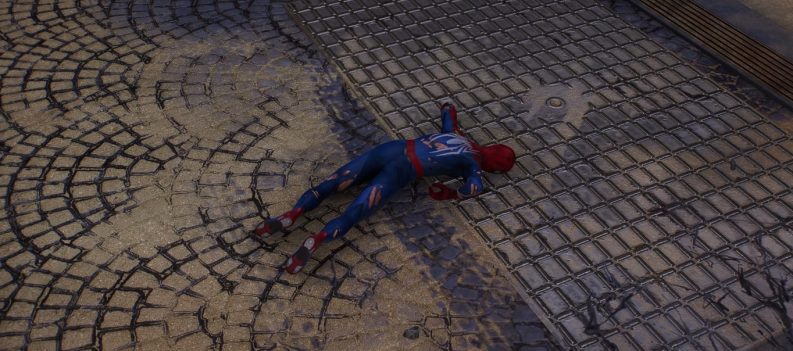A screenshot of Spider-Man 2's suit damage after falling.