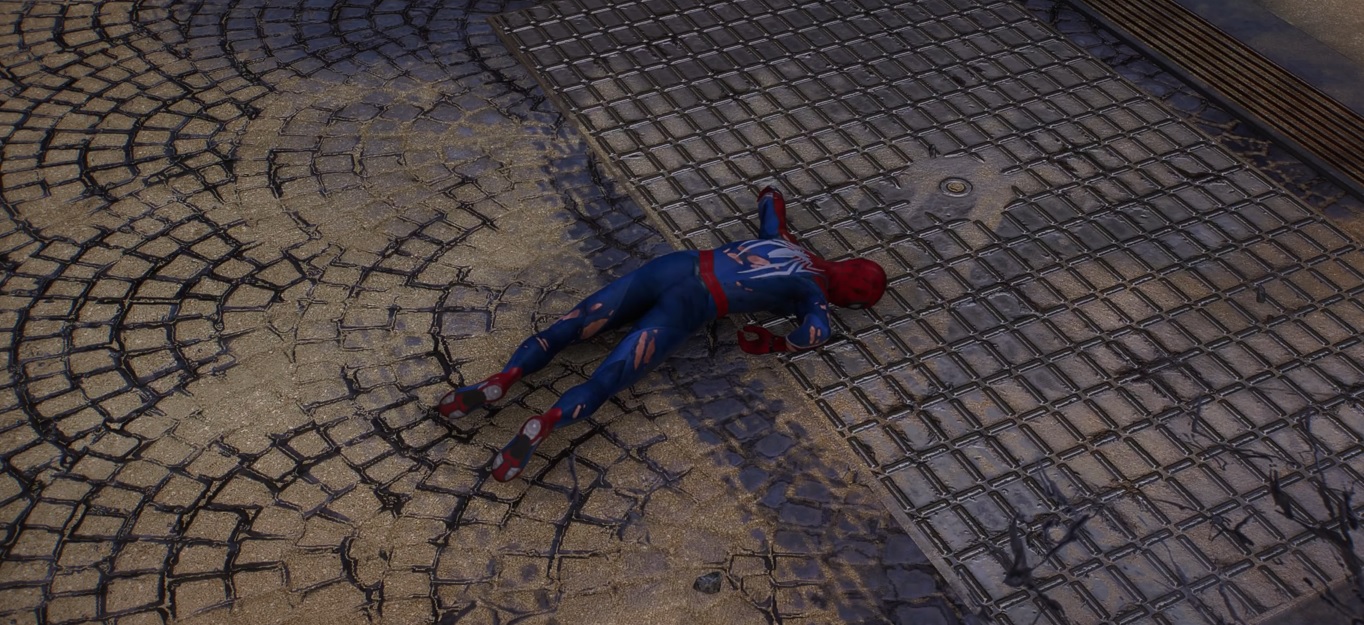 A screenshot of Spider-Man 2's suit damage after falling.