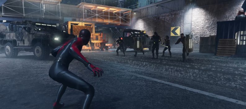 A screenshot of Spider-Man 2 Miles Morales against thugs.