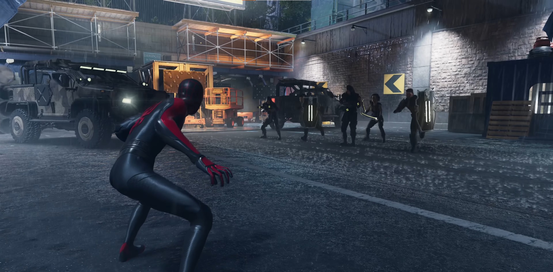 A screenshot of Spider-Man 2 Miles Morales against thugs.