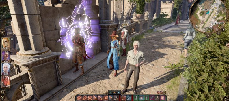 A screenshot of a four-character party in Baldur's Gate 3.