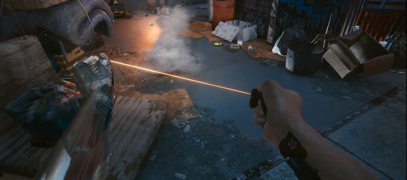 A first-person POV screenshot of Johnny's arm in Cyberpunk 2077.