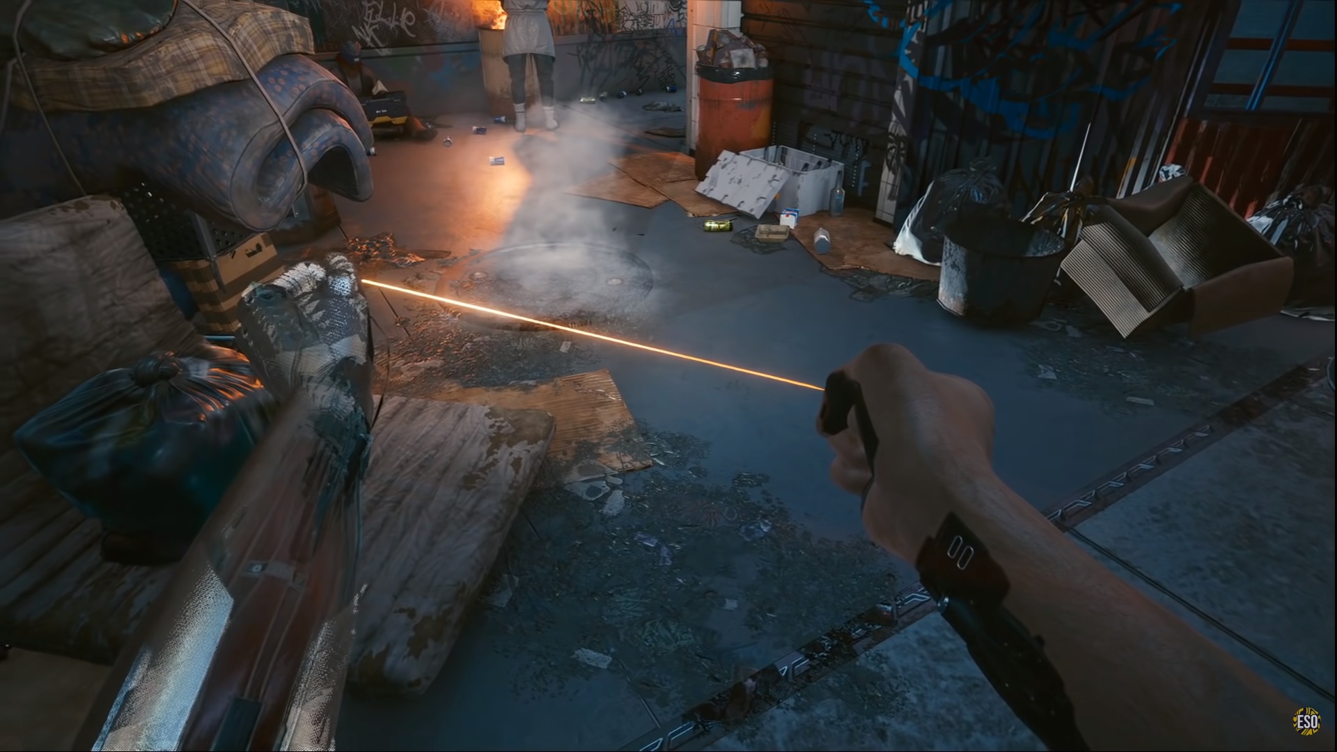 A first-person POV screenshot of Johnny's arm in Cyberpunk 2077.