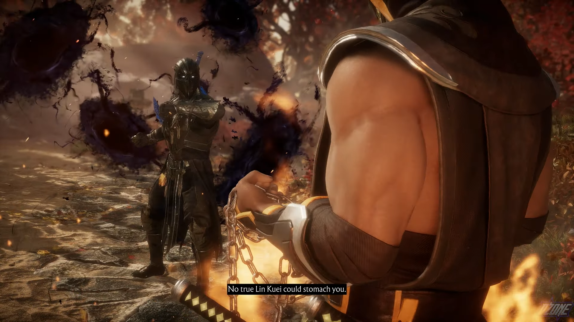 A screenshot of Noob Saibot versus Scorpion in Mortal Kombat. 