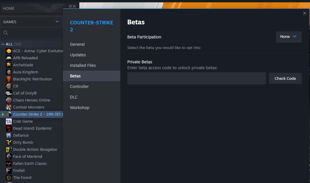 A screenshot of CS: GO 2 Betas options on Steam. 