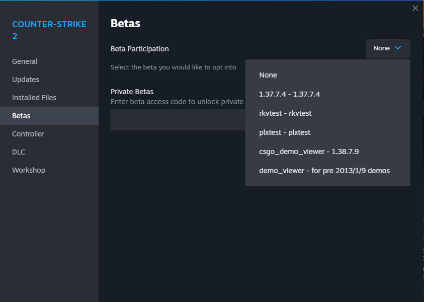 A screenshot of Beta options for CS:GO 2 on Steam. 