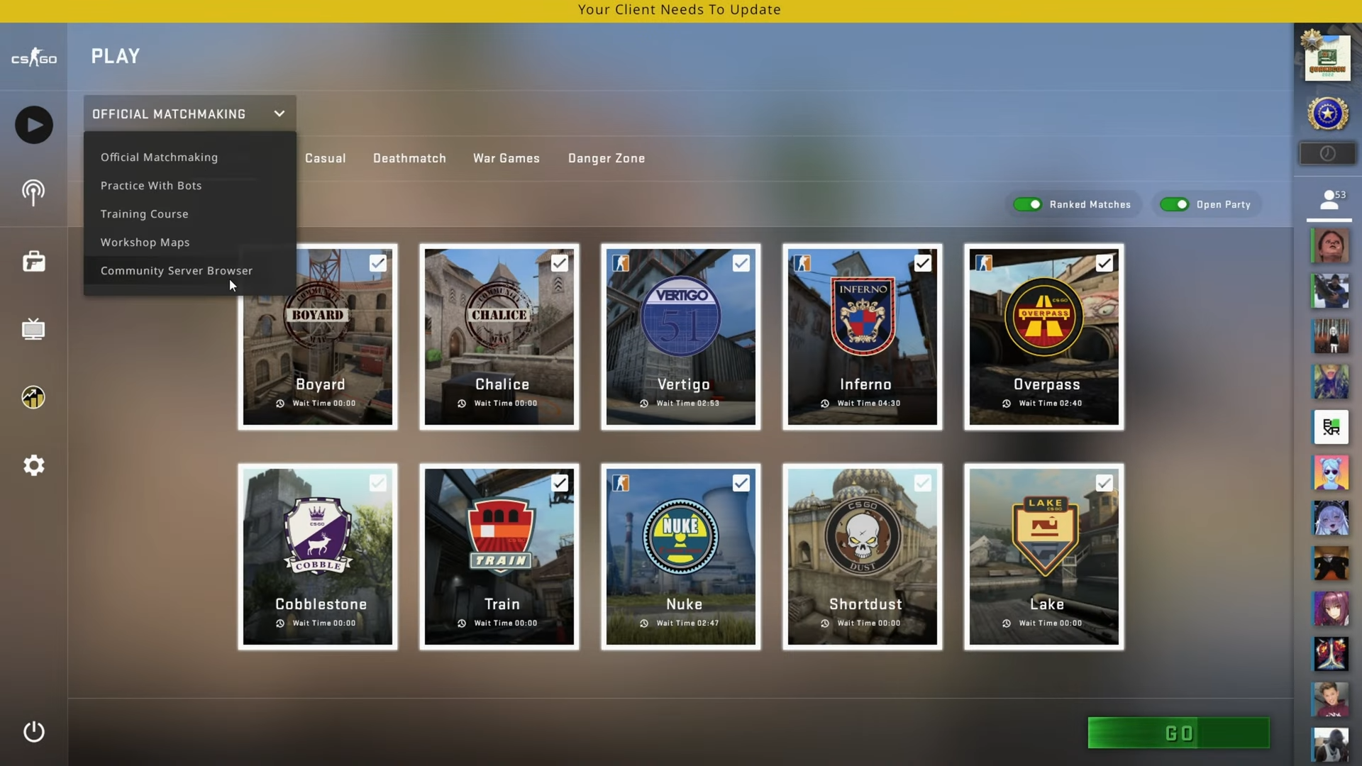 A screenshot of game mode options for CS:GO. 