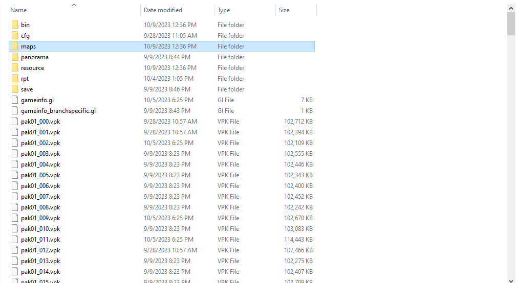 A screenshot of the maps folder in the CS: GO 2 root folder directory. 