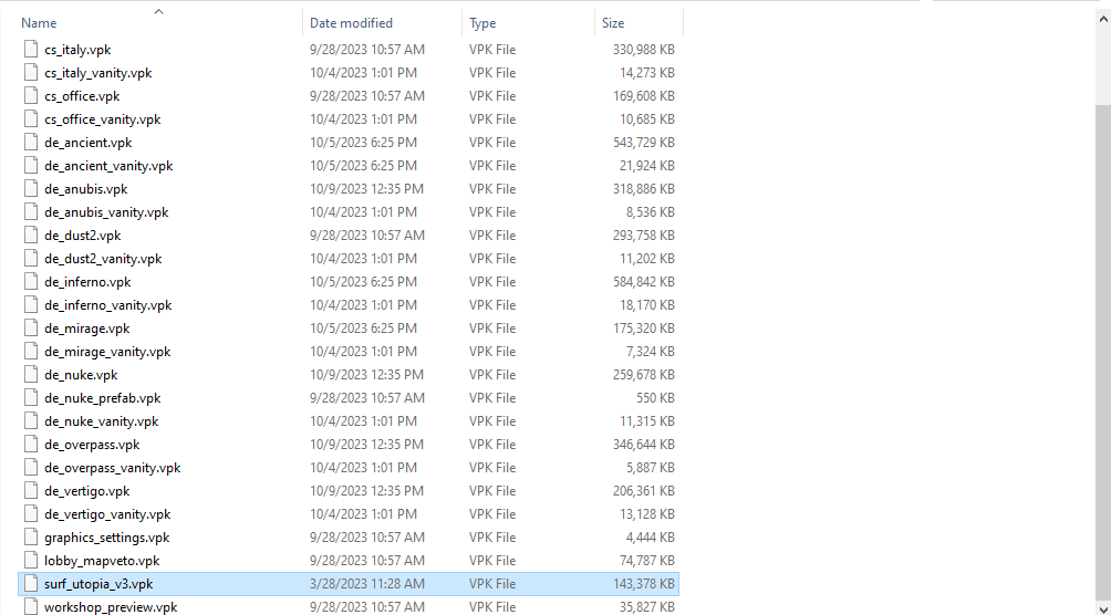 A screenshot of the surf_utopia_v3 vpk file in the CS: GO 2 root folder directory. 