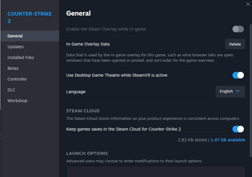 A screenshot of the CS: GO 2 Properties menu on Steam. 