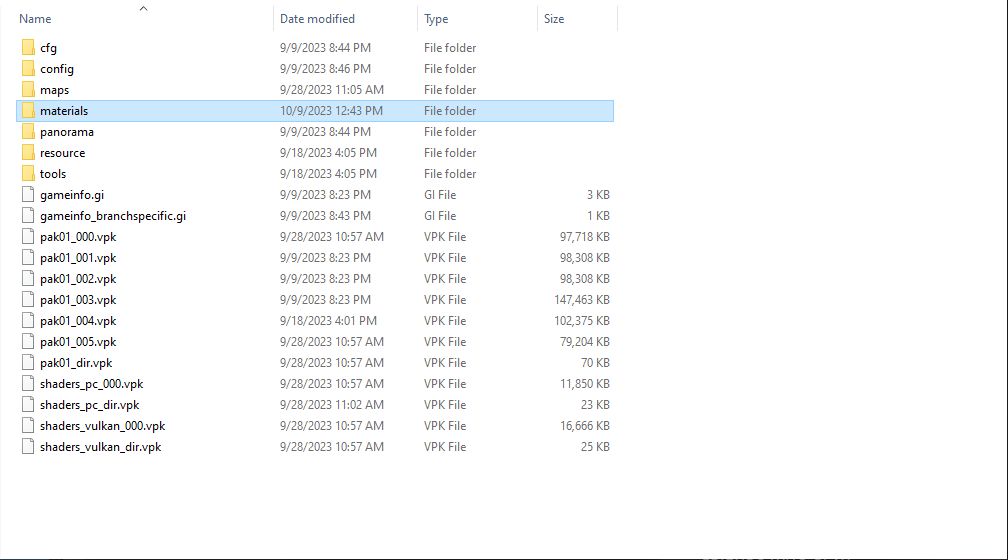 A screenshot of the materials folder in the CS: GO 2 root folder directory. 