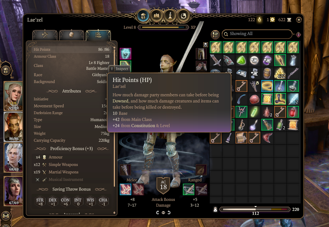 A screenshot showing the Fighter Class' stats and attributes in Baldur's Gate 3. 