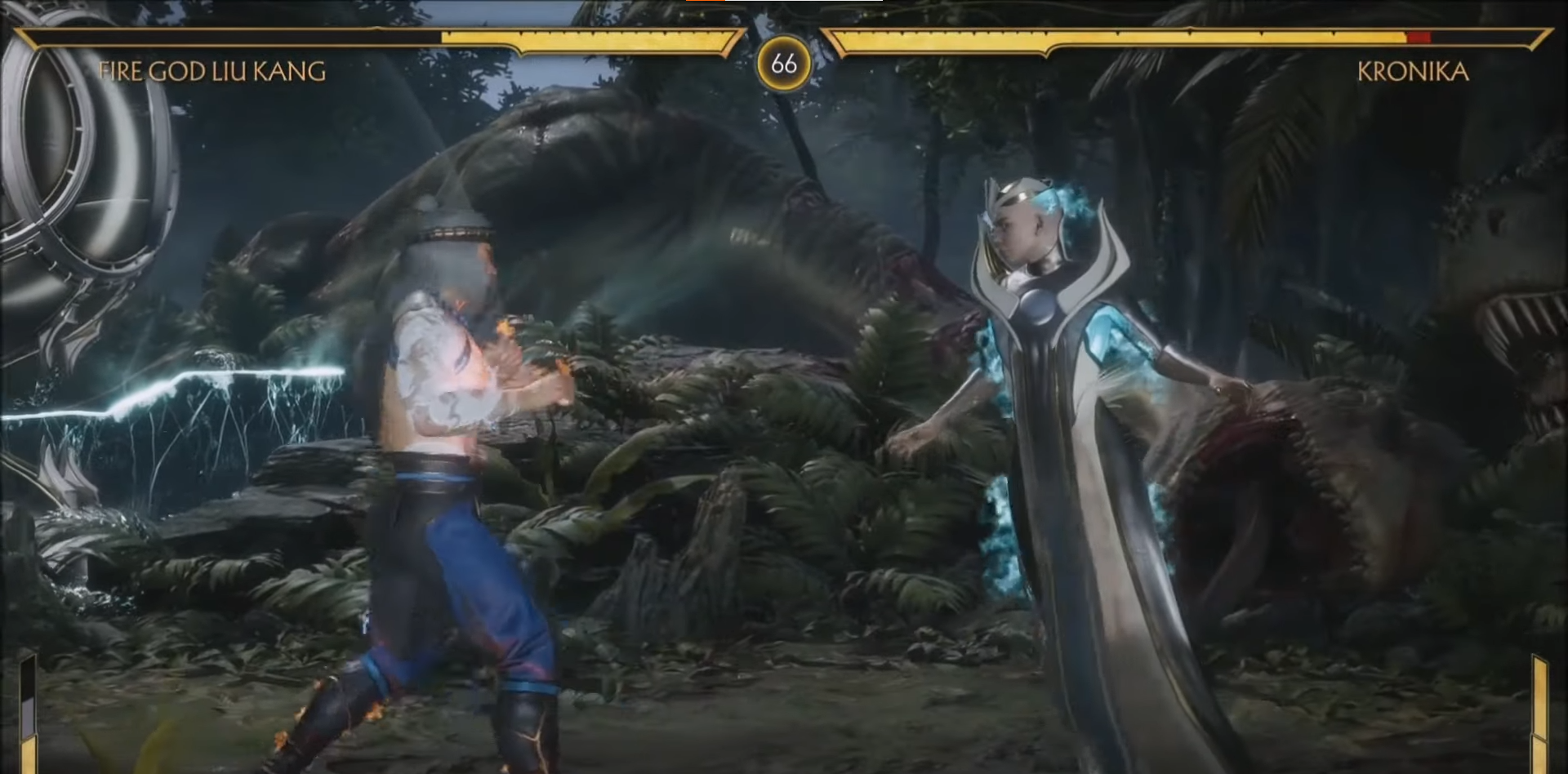 A screenshot of Liu Kang and Kronika in Mortal Kombat. 