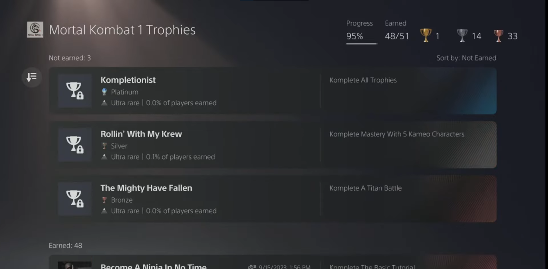 A screenshot of The Mighty Have Fallen achievement in Mortal Kombat 1. 
