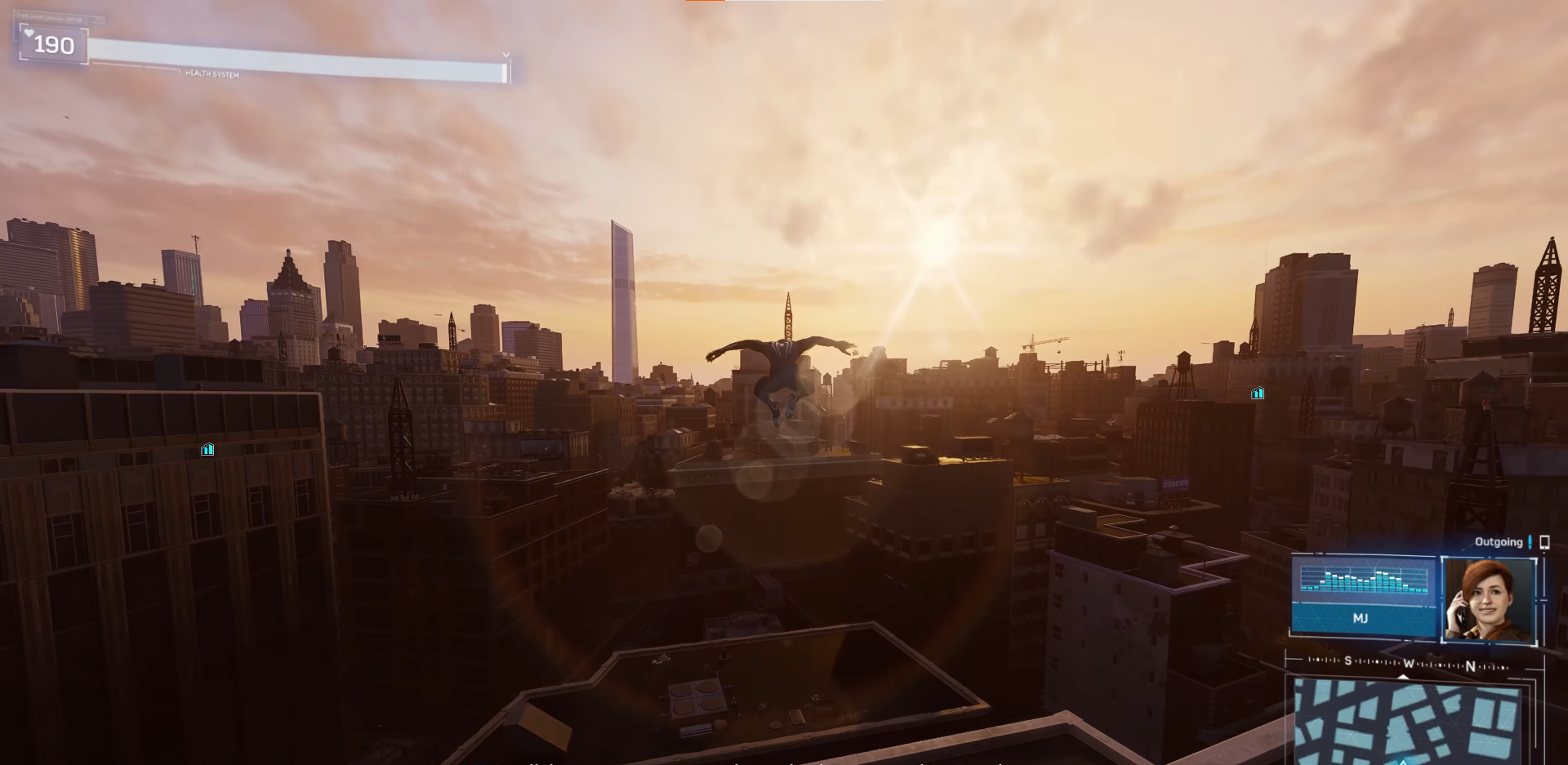 A screenshot of Spider-Man swinging through New York City in Marvel's Spider-Man 2. 