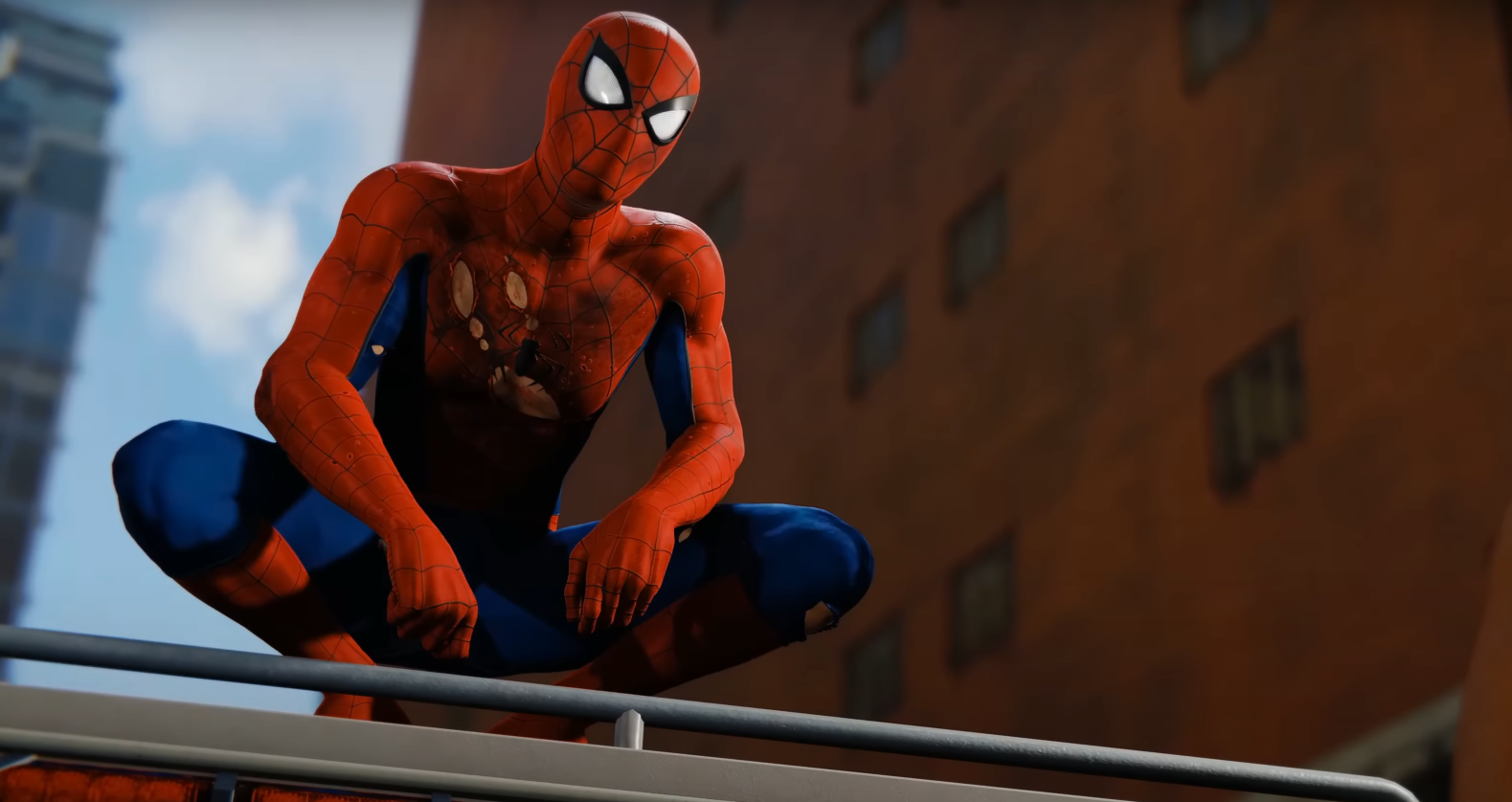 A screenshot of Spider-Man's torn-up suit in Marvel's Spider-Man. 