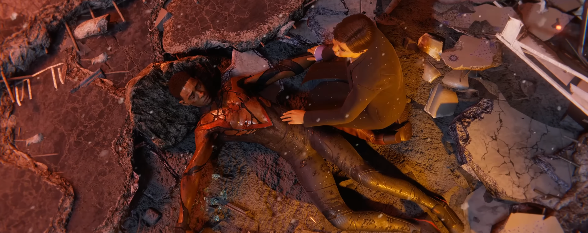 A screenshot showing Miles Morales Spider-Man's suit damage in Marvel's Spider-Man,