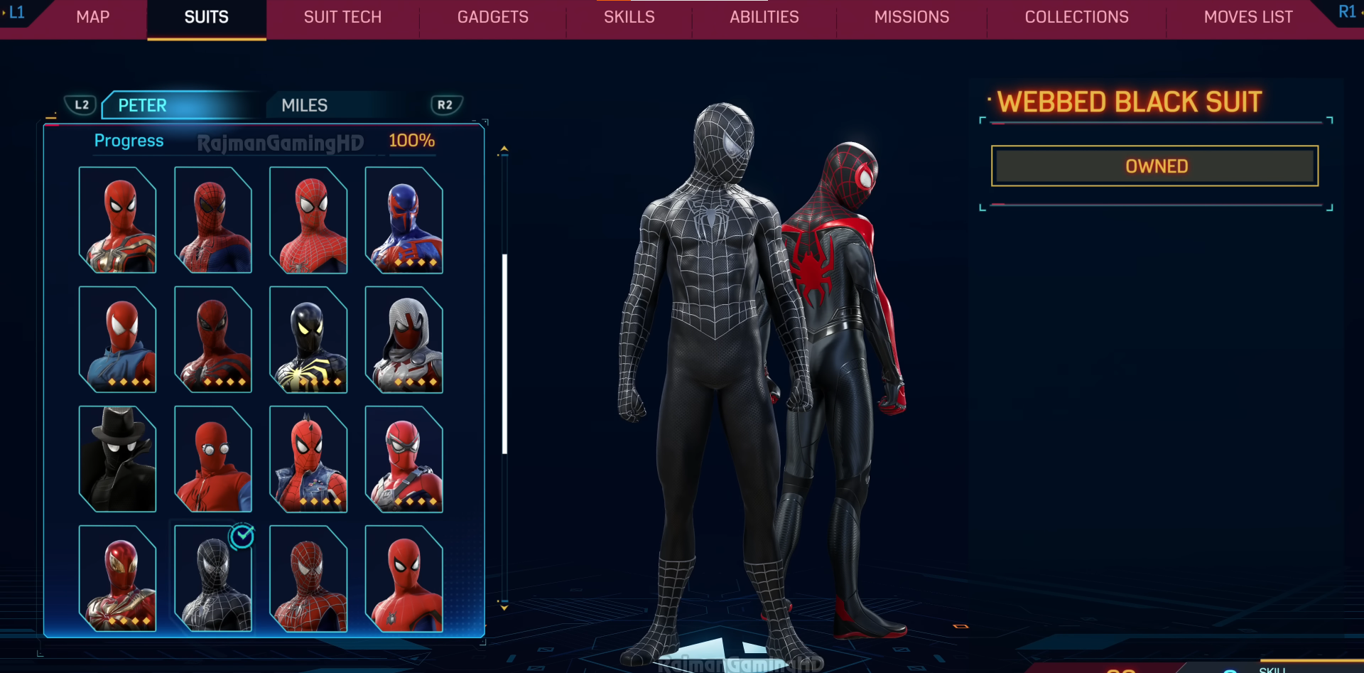 A screenshot showing the Black Spider-Man Suit in Marvel's Spider-Man 2. 