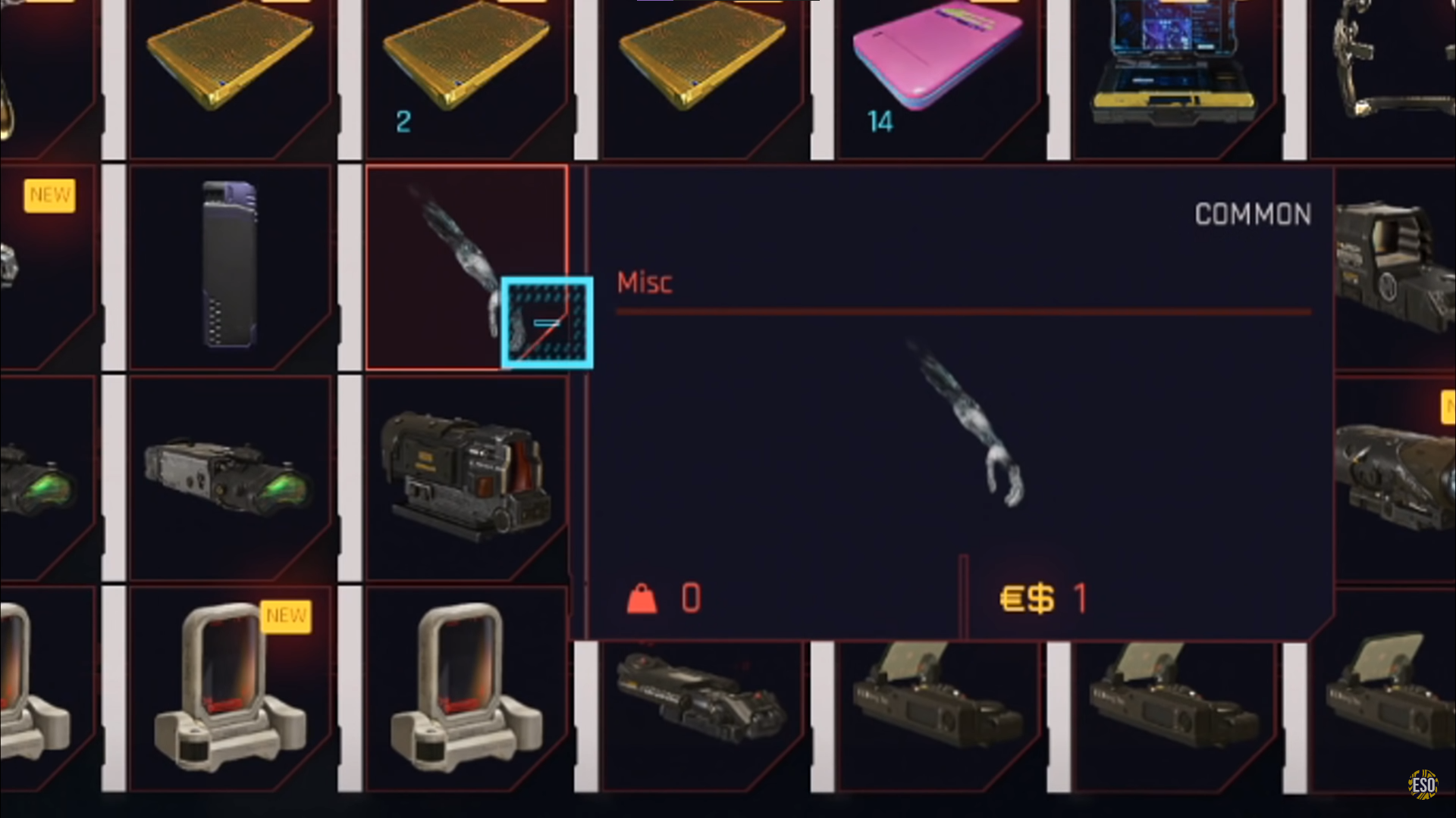 A screenshot of Johnny Silverhand's arm in V's inventory in Cyberpunk 2077. 