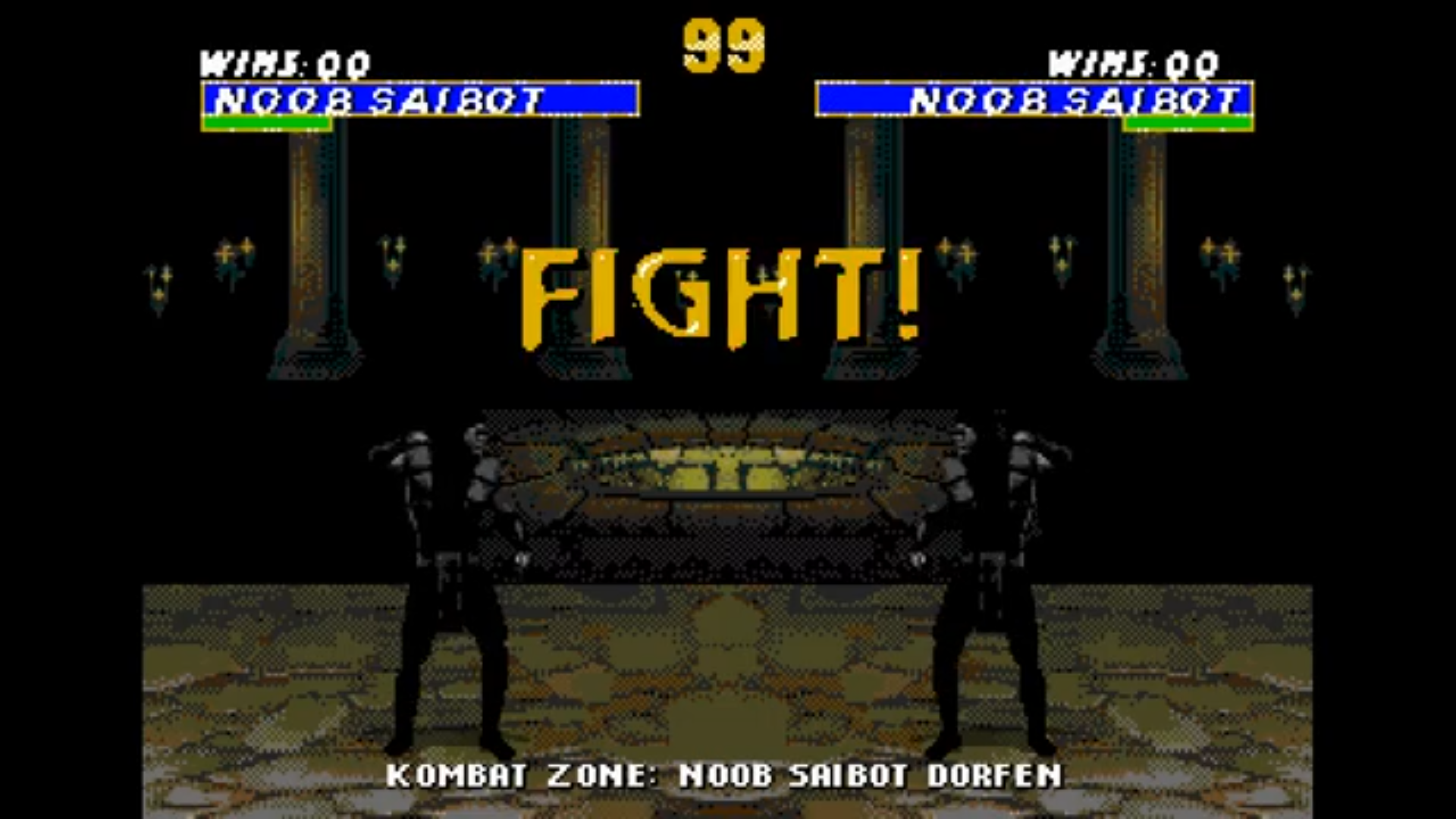 A screenshot of Noob Saibot against Noob Saibot in Noob Saibot's Dorfen in Mortal Kombat. 