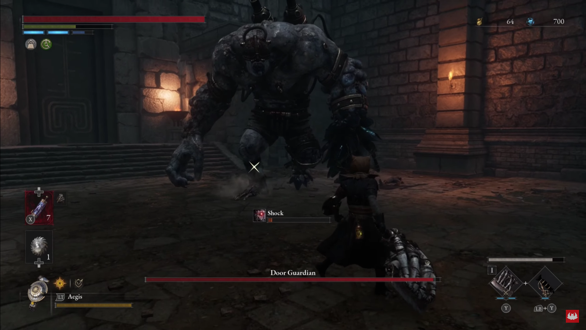 A screenshot of Youtuber "SpookyFairy" fighting the Door Guardian in Lies of P.